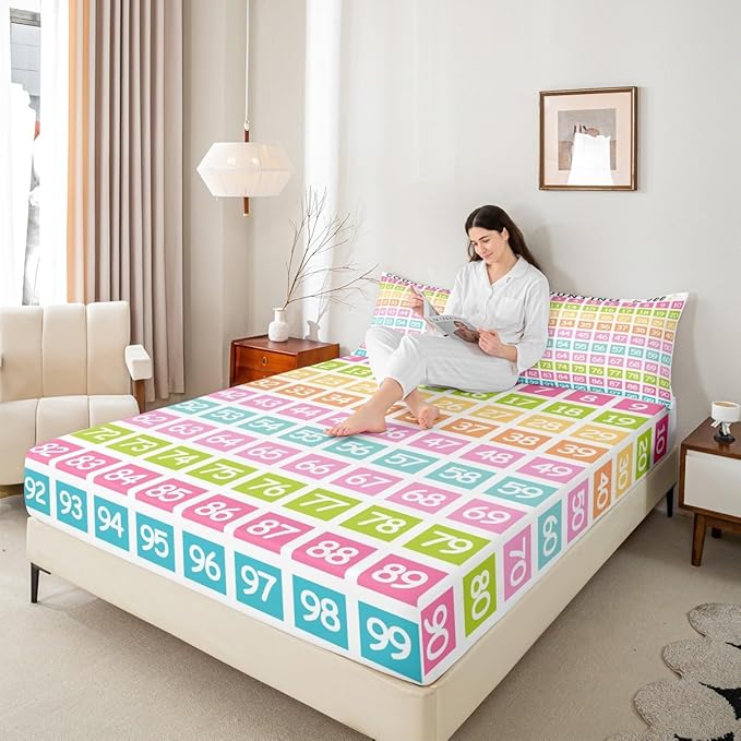 Feelyou Kids Numbers Fitted Sheet Full Size, Educational Bed Sheet Set Boys Girls Learning Bedding Set Kindergarten Teens Bedroom Decor 3Pcs (No TOP Sheet)