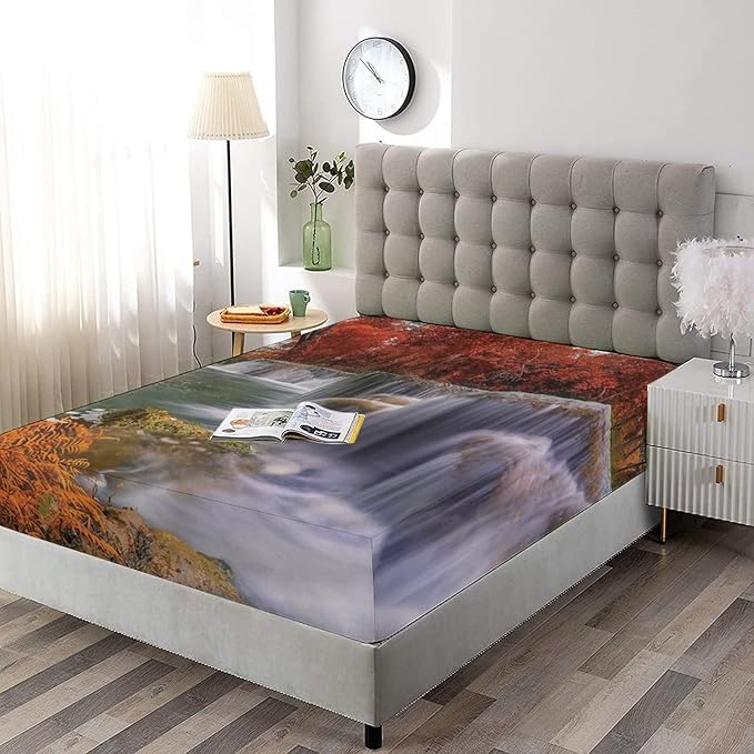 Decorative Fitted Sheet Set Twin Size, National Parks Deep Pockets Fitted Sheet & 2 Pillow Sham Set(No Flat Sheet), Fall Season Cascade Printed Microfiber Bedding 3pc Set, for Mattress (Deep: 5"-15")