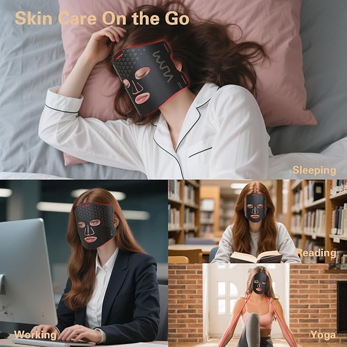 VYM Red Light Therapy for Face: High-Energy Super Lightweight 292 LEDs Cordless Professional Light Therapy Mask Infrared LED Face Mask at Home Travel 2mm Thickness - Black Bag