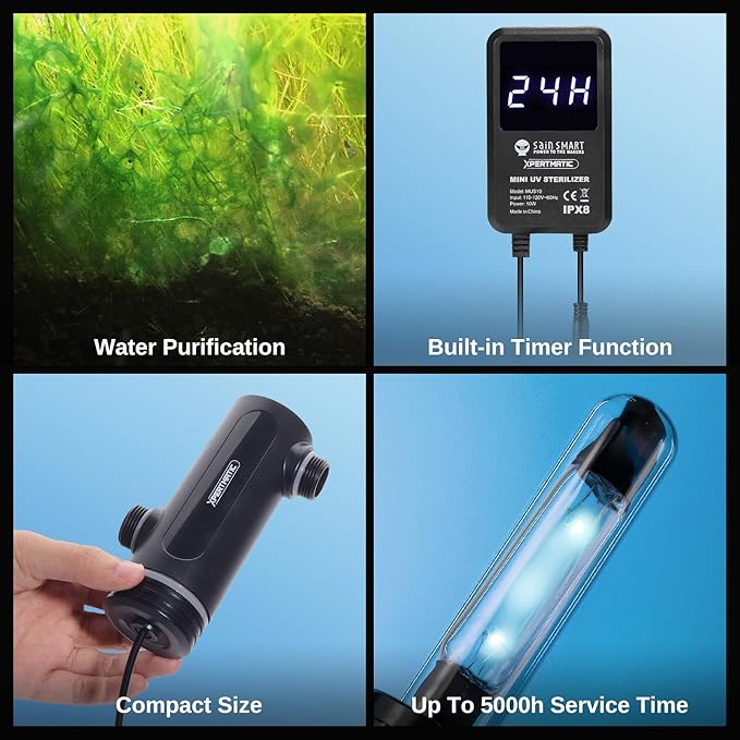 SainSmart XpertMatic Aquarium 10W Clean Light, Mini Submersible Aquarium Light with Timer, Waterproof Cleaning Lamp Greening for 40-80 Gallon Fish Tank and Aquariums