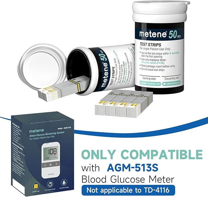 Metene AGM-513S Test Strips for Diabetes, 100 Count Blood Glucose Test Strips, Use with Metene AGM-513S Blood Glucose Monitoring System Only (No Monitor)