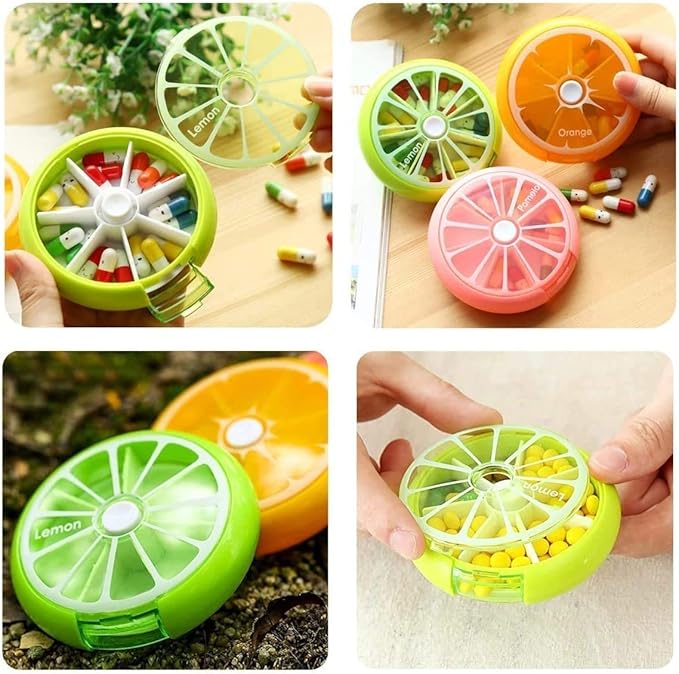 Portable Mini 7 Day Weekly Circular Shape Rotary Cute Fruit Style 3-Compartment Pill Organizer Box (Mixed Color)