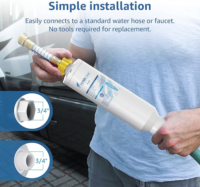 Filterlogic RV & Marine Inline Water Filter for Boats, RVs, NSF Certified, Campers, Gardening, Planting, Trailer or Motor Home KDF Filter, Pack of 2