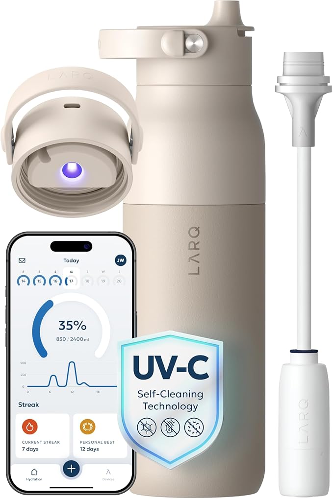 LARQ PureVis 2 Self Cleaning Water Bottle - UV Water Purifier with Filter Straw, Smart App Hydration Tracking, Insulated Stainless Steel