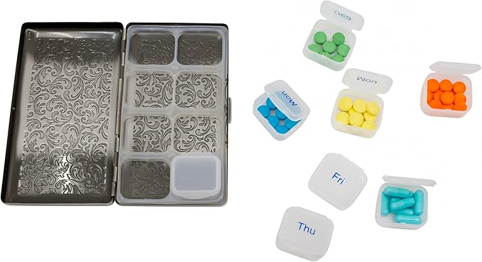 Set of 2 Metal-Plated Weekly (7-Day) Pill Box Case & Portable Medicine Organizer (Large Antique Silver)