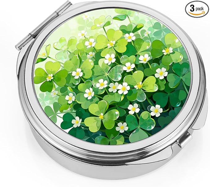 Dynippy Pill Case Pill Box with Mirror Pocket 3 Compartment Medicine Case Vitamin Pill Organizer for Pocket Purse and Travel (Round, Silver-Lucky Shamrocks)