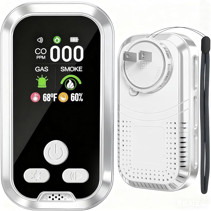 6-in-1 Carbon Monoxide Detector Combo with LCD Display, Detects CO, Natural Gas, Smoke, Temperature, Humidity for Home Hotel, Camping RV, Apartment Safety, White