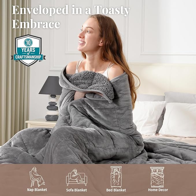 Topblan Sherpa Fleece Weighted Blanket for Adult, 15 lbs Dual Sided Cozy Fluffy Heavy Blanket, Ultra Fuzzy Throw Blanket with Soft Plush Flannel Top, 48 x 72 inches
