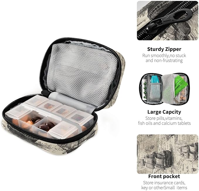Beige Pirate Skull Flags Sailing Ships Travel Pill Organizer Case Box Container Weekly Portable Vitamin Medicine Holder Storage Bag with Zipper Removable