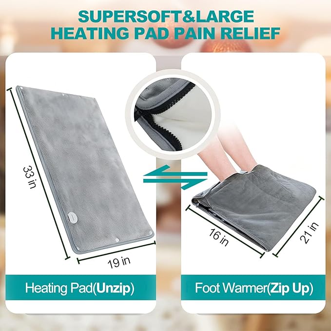 Heating Pad Extra Large & Foot Warmer 2 in 1, XXL Heating Pad 21x33“ for Back Belly Lower Back Warm Up, Sewn in Zippers More Functional, Electric Heat Pad 4-Hour Auto Off/6 Heat/6 Timer/Washable