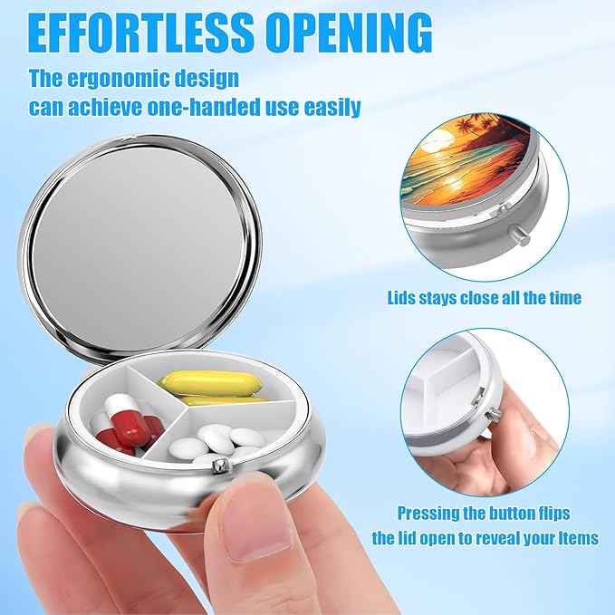 Pill Box, 3 Compartments Small Beach Sunset Pill Case Travel Portable Metal Medicine Box with Mirror Mini Container for Purse Pocket Women Men(Palm Tree)