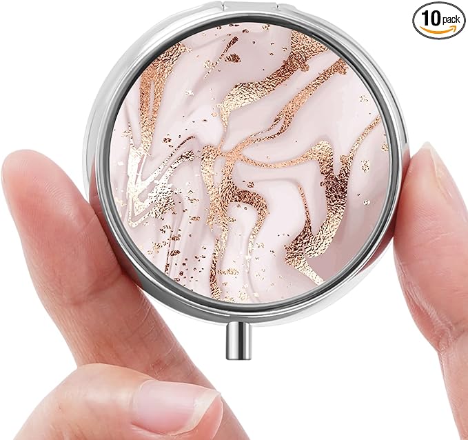 Mini Pill Box, Small Pill Box, Portable Pill Box, Cute Pill Organizer for Vitamins, Medications, Fish Oil and Supplements (Golden Marble)