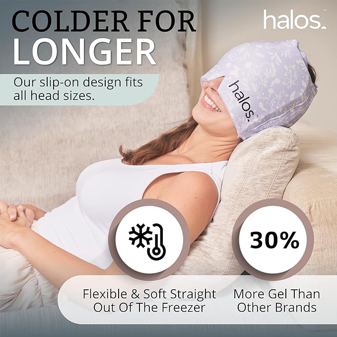 MyHalos® Migraine Relief Cap, 30% Thicker, 2X More Cooling Gel, Stays Colder for Longer, Form Fitting Ice Hat, Ice Pack Head Wrap Relief, Tension Headache Relief Cap (Violet) - FSA|HSA Eligible