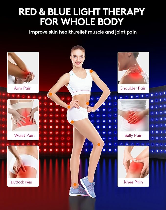 UTK Blue & Red Light Therapy Mat for Body, 23" x 11" Large Infrared Light Therapy Pad, 210 LEDs 470nm & 660nm & 850nm Wavelengths for Waist Back Shoulder Knee Joint Pain Relief, Gift for Women Men
