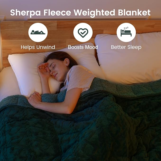 Sherpa Fleece Adult Weighted Blanket Great for Sleep, 15 lbs Dual Sided Soft Fuzzy Heavy Blankets for Couch Bed Sofa, Cozy Warm Fluffy Jacquard Throw for Winter (Green, 60" x 80", 15 Pounds)