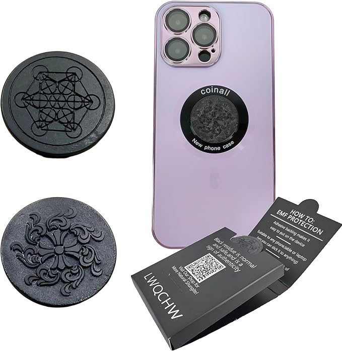 Gadget Protection Shungite Stickers for Cell Phone 2 pcs | Round Sticker Plates for Bad Vibes Blocking | Polished Shungite Stone Plates (Metatron & Cross Flower)