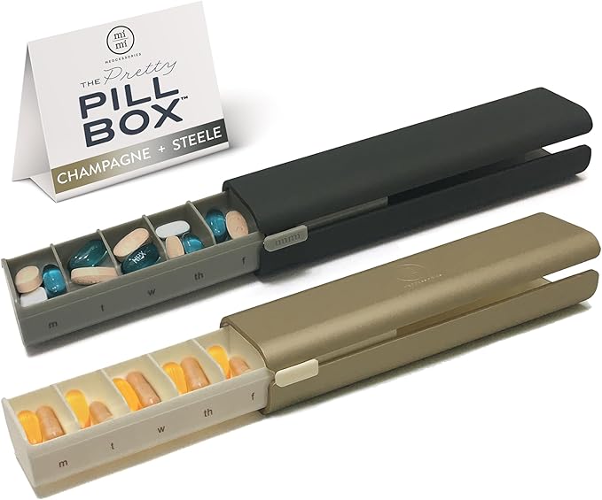 7 Day Pretty Pillbox Organizer Combo - Modern, Stylish & Perfect for Any Kinds of Pills - Daily & Travel Use - Champagne & Steel