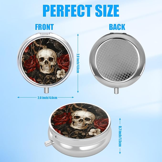 Skull Rose Pill Case, Halloween Pill Box 3 Compartments Metal Small Pill Holder with Mirror Mini Travel Pill Container for Purse Pocket Women Men