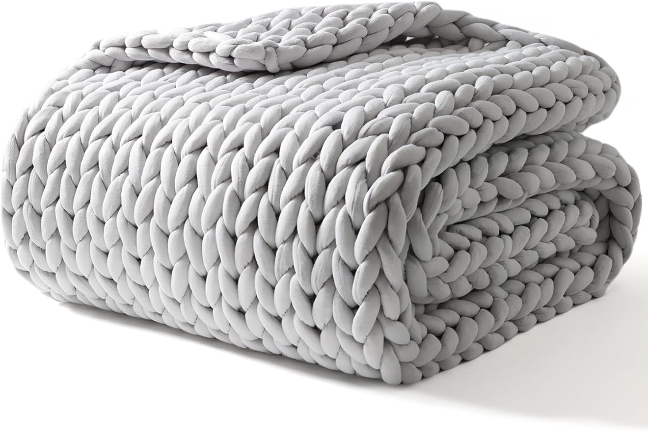 YnM Knitted Weighted Blanket, Hand Made Chunky Knit Weighted Throw Blanket for Sleep, Stress or Home Décor (French Silver, 60''x80'' 20lbs), Suit for One Person(~190lb) Use on Queen/King Bed