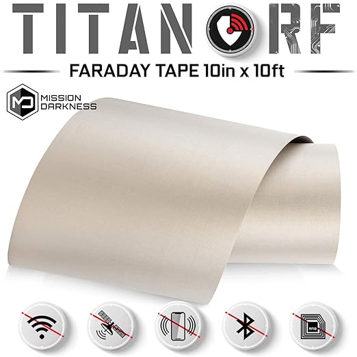 Mission Darkness TitanRF Faraday Tape // 10in W x 10ft L (25.4cm x 3.05m) High-Shielding Conductive Adhesive Tape Roll Used to Connect TitanRF Fabric Sheets or Seal RF Enclosures