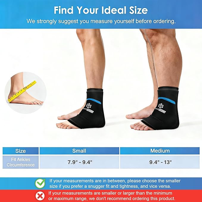 ComfiTECH Dual-Gel Ankle Ice Pack Wrap with Extended 30-Minute Cooling, Detachable Ice Pack & Flexible Reusable Gel Ice Sleeve Brace for Plantar Fasciitis, Achilles Tendonitis, S, 2 Packs