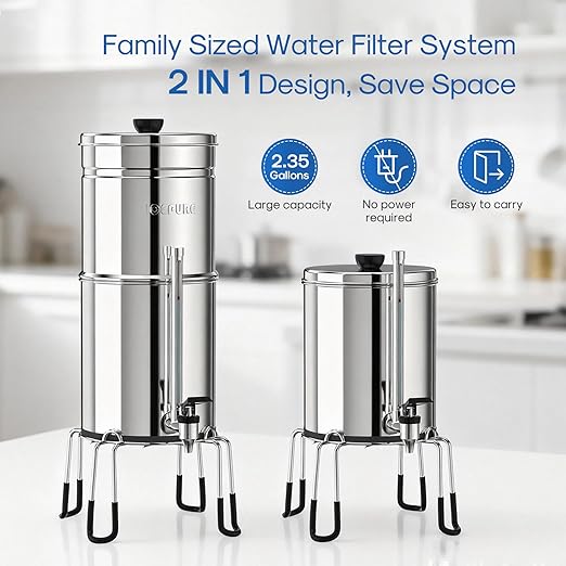 ICEPURE 2.25G Gravity-fed Water Filter System with Sight Glass Spigot, 4 Filters and Stand, Reduce Microplastics, Lead & Total PFAS, for Home, Camping, Off-Grid, Emergencies, King Tank Series