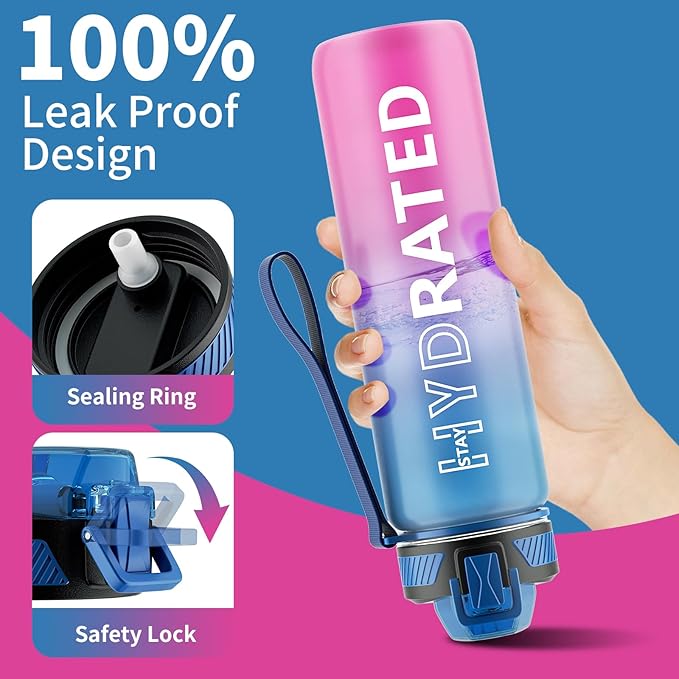 Water Bottle with Straw, 27oz Motivational Water Bottles with Time Marker to Drink, Tritan BPA Free, 750ml Sports Water Bottle with Carry Strap LeakProof for School Fitness Outdoor (1Pack)