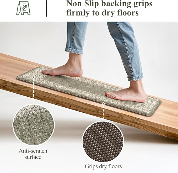 LEEVAN Green Kitchen Mats for Floor Sets of 2,Anti Fatigue Cushioned Memory Foam Kitchen Mat,Farmhouse Ergonomic Boho Non Slip Kitchen Floor Mat for Sink,Laundry,Home,Office,Desk(17''x29''+17''x47'')