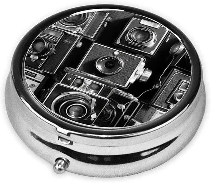 Pill Box 3 Compartment Medicine Pill Organizer Retro Cool Camera Collection Round Pill Case for Purse & Pocket Travel Pillbox Portable Metal Medicine Vitamin Fish Oil Organizer Unique Gift