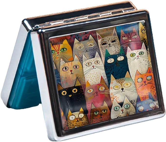 Cute and Portable Metal Pill Organizer – 8 Compartments, Elegant Chrome Finish, Ideal for Travel and Daily Use (Colorful Cat Faces)