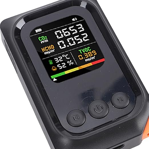 5 in 1 Air Quality Detector, CO2 TVOC HCHO Temp Humid Monitor Rechargeable Battery Voice Alert for Home Office Travel