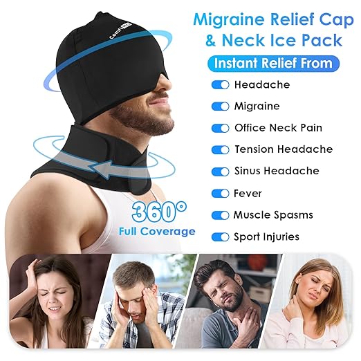 Comfitech Shoulder Ice Pack Wrap Rotator Cuff Cold Therapy Compression Sleeve for Better Putting On & Off & XL Migraine Relief Cap & Neck Ice Pack, Headache Relief Cap & Ice Pack for Neck