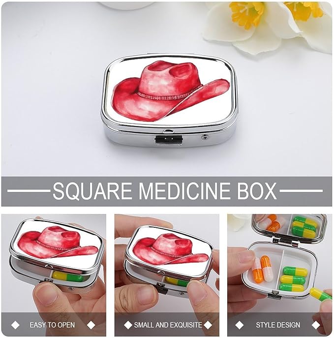 Red Cowboy Hat Pill Box 2 Compartment Portable Medicine Pill Case Travel Pill Organizer for Pocket Purse