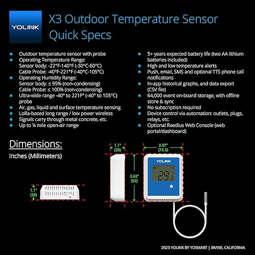 YoLink Smart X3 Version Outdoor Temperature Data Logger with Probe, Thermometer, 1/4 Mile Range, 5+ Years Battery Life, Emails, Text, App Alerts, Alexa, IFTTT. Pool, Hot Tub, Fish Tank. Hub Required!