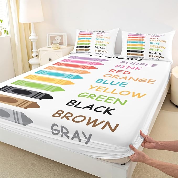 Feelyou Kids Colors Learning Bedding Set Full Size, Educational Bed Sheet Set Boys Girls Preschool Fitted Sheet Kindergarten Teens Bedroom Decor Bed Set 3Pcs (No Flat Sheet)