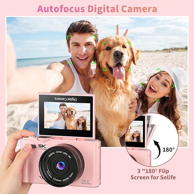 Ourlife Cameras for Photography,5K 75MP Autofocus Vlogging Camera for YouTube with 18X Zoom,3" 180°Flip Screen Selfie Digital Camera Compact Travel Camera for Beginner Teens,2*Battery(32GB Card)