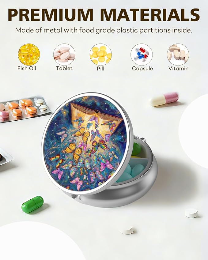 LRITER Pill Case, Portable Travel Pill Box, Pillbox Organizer, Cute Small Medicine Storage Container, Purse Accessories for Women, Men (Butterfly Book)