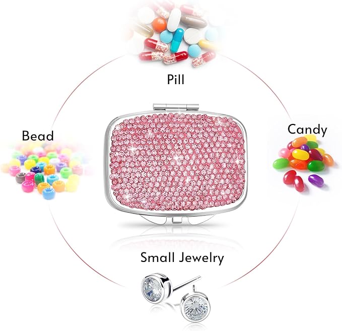 Soleebee Bling Crystal Pill Box, Portable 2 Compartments Daily Pill Organizer, Small Travel Pill Case for Purse or Pocket, Medicine Vitamin Pill Container Organizer (Pink)