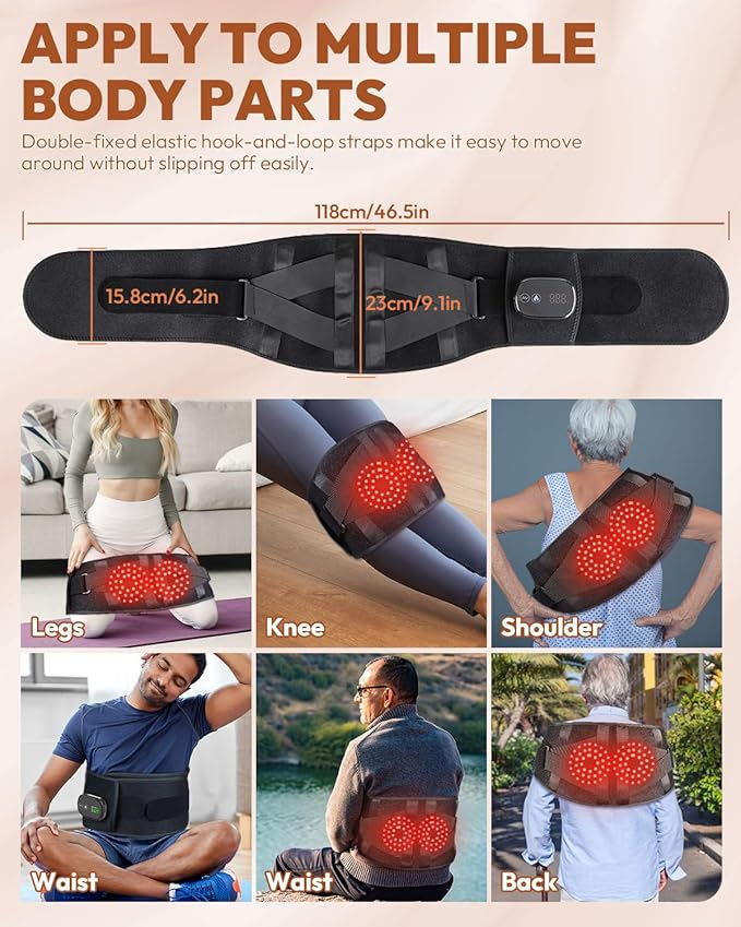 Red Light Therapy Belt for Body, Cordless Infrared Light Therapy Belt with Heating Vibration Massage, Portable Lower Back Massager for Back Shoulder Waist Red Light Therapy Wrap (Black)