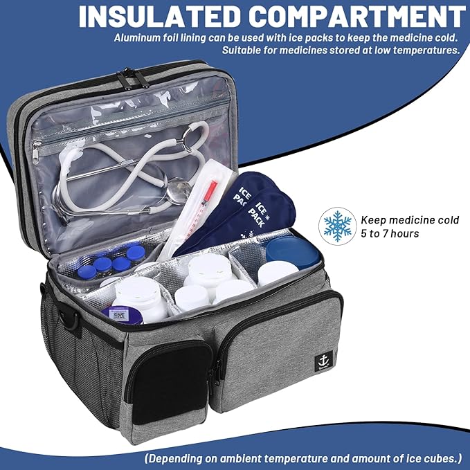 Double Layers Medicine Bag with Insulated Compartment Pill Bottle Organizer with Lockable Zipper,Travel Medicine Organizer with Soft Shoulder Straps for Pill Bottles, Medical Supplies
