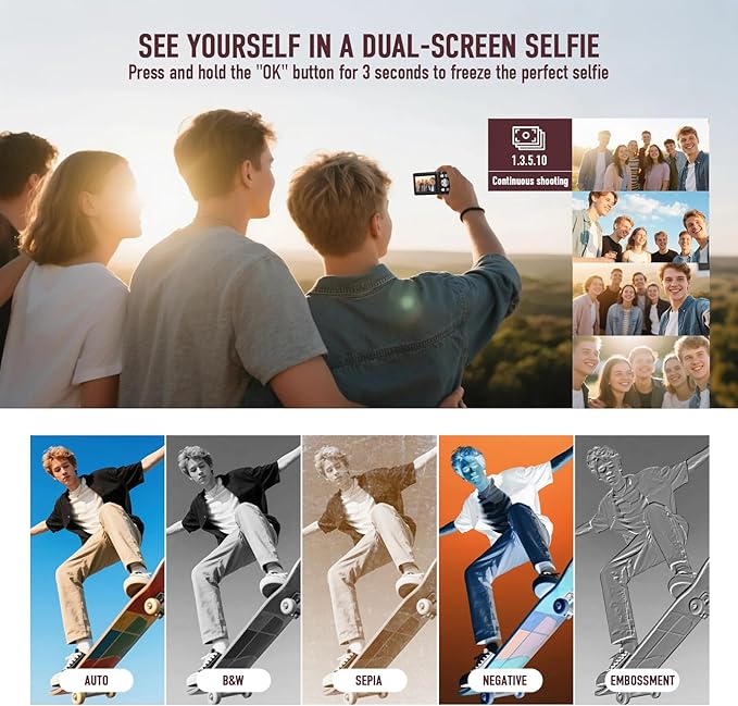 Digital Camera, 4K 48MP Autofocus Dual Screen for Selfies, 18X Zoom Fill Light, Portable Point and Shoot Camera with 32GB SD Card for Kids, Teens, Girls, Boys- Black