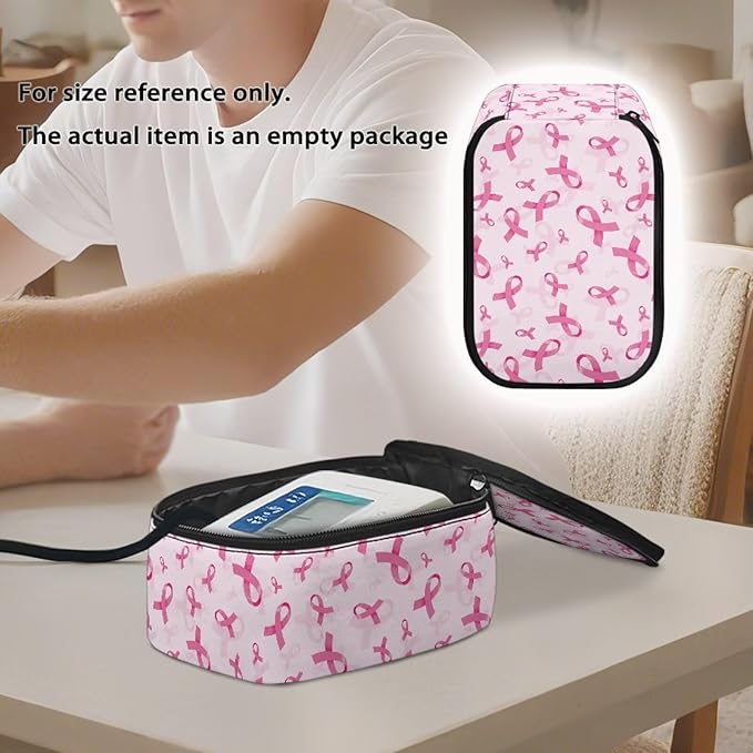 Breast Cancer Awareness Ribbon Blood Pressure Monitor Case Travel Portable Carrying Case for Blood Pressure Monitor with Zipper and Mesh Pockets