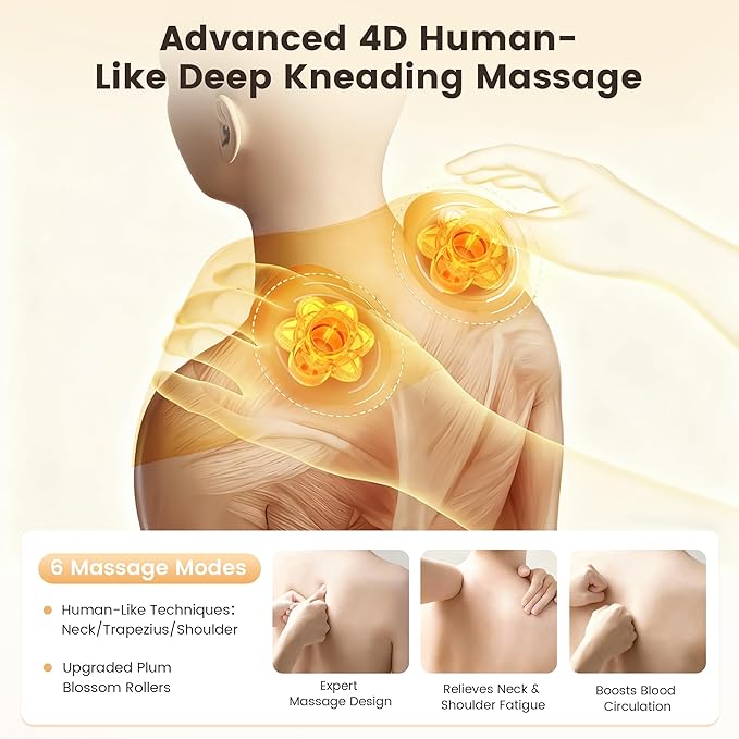 Breo N6 Mini Shiatsu Neck and Shoulder Massager with Heat – Deep Tissue Kneading Massage Pillow with Plum Blossom Rollers, Red Light Therapy, Quiet Motor, Cordless, Gift for Back Pain Relief