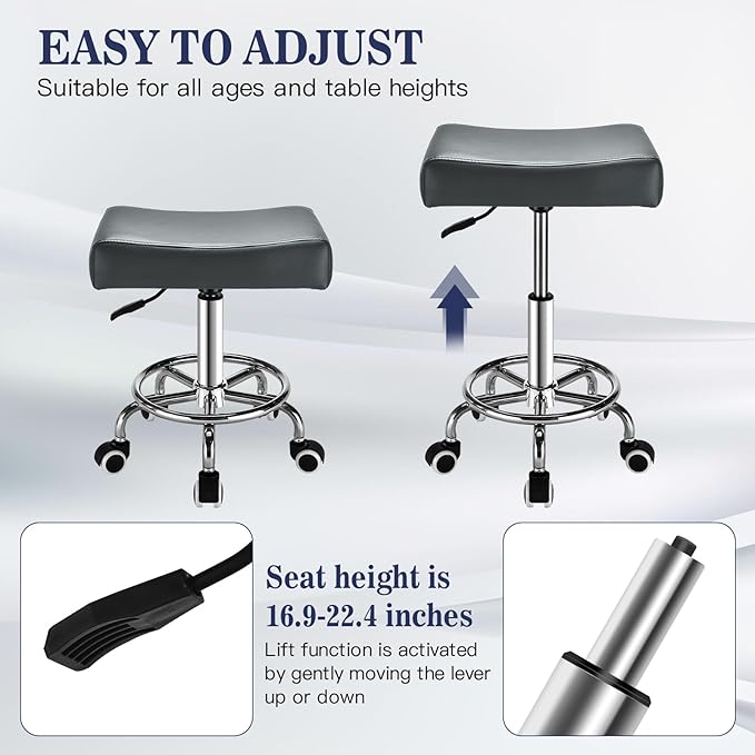 Square Salon Rolling Stool - 300lbs Weight Capacity，Adjustable Swivel Stool with Wheel，Pu Leahter Comfortable Cutting Stools for Salon Tattoo Stylist Massage Perfect for Work SPA (Grey)