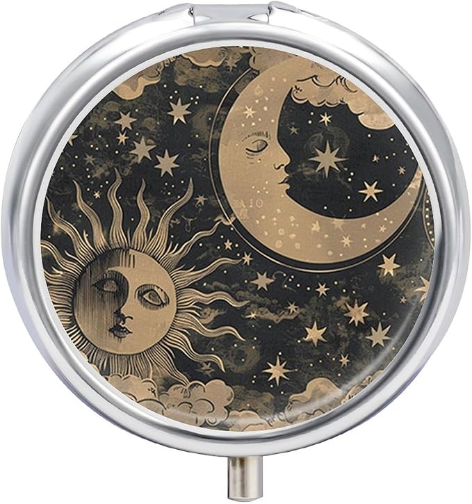 Pill Box-3 Compartment Small Pill Case, Portable Round Pill Box for Pocket or Purse, Decorative Metal Medicine Vitamin Organizer. (The Sun and The Moon)