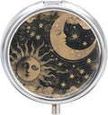 Pill Box-3 Compartment Small Pill Case, Portable Round Pill Box for Pocket or Purse, Decorative Metal Medicine Vitamin Organizer. (The Sun and The Moon)