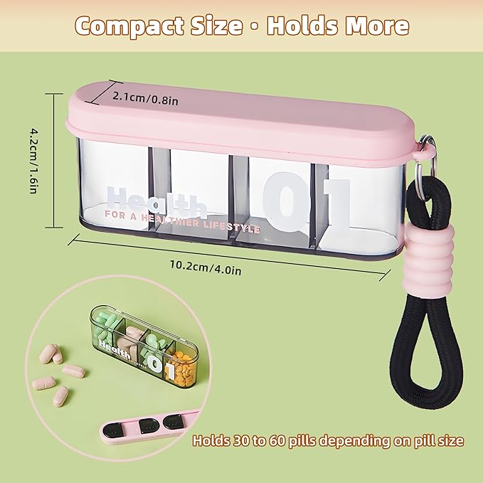 Portable Pill Dispenser with 4 Compartments, Travel Pill Bottle Organizer with Strong Seal，Anti-Mix Supplement Organizer，Pill Box Case with BPA-Free，Pill Container with Wide Opening Design
