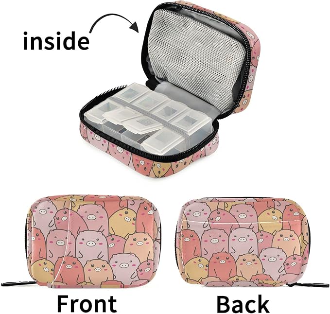 Fustylead Cute Pig Pill Organizer Travel Bag, Small Portable Pill Case Cute for Vitamin Fish Oil Supplements Medicine Organizer with Zipper