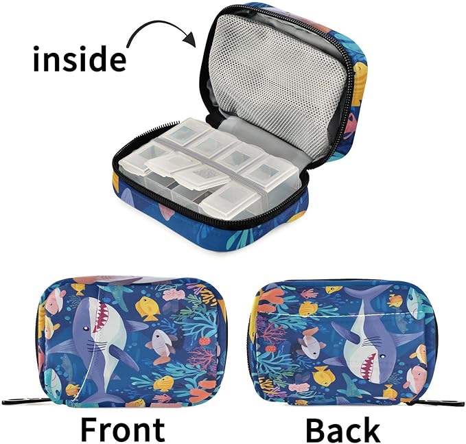 Underwater Blue Sharks Fishes and Corals Travel Pill Organizer Case Box Container Weekly Portable Vitamin Medicine Holder Storage Bag with Zipper Removable