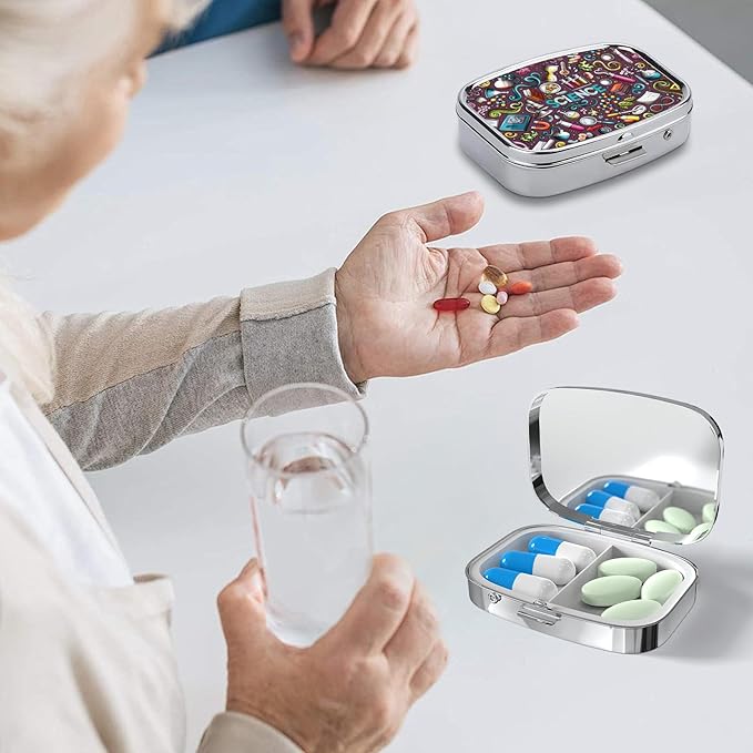 Pill Box-2 Compartment Small Pill Case Square Organizer Case with Mirror Portable Metal Medicine Box Travel Container for Pocket & Purse Women Men(Science)